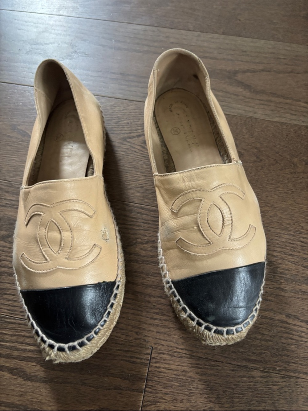 CHANEL Beige Leather Espadrilles with Black Caps